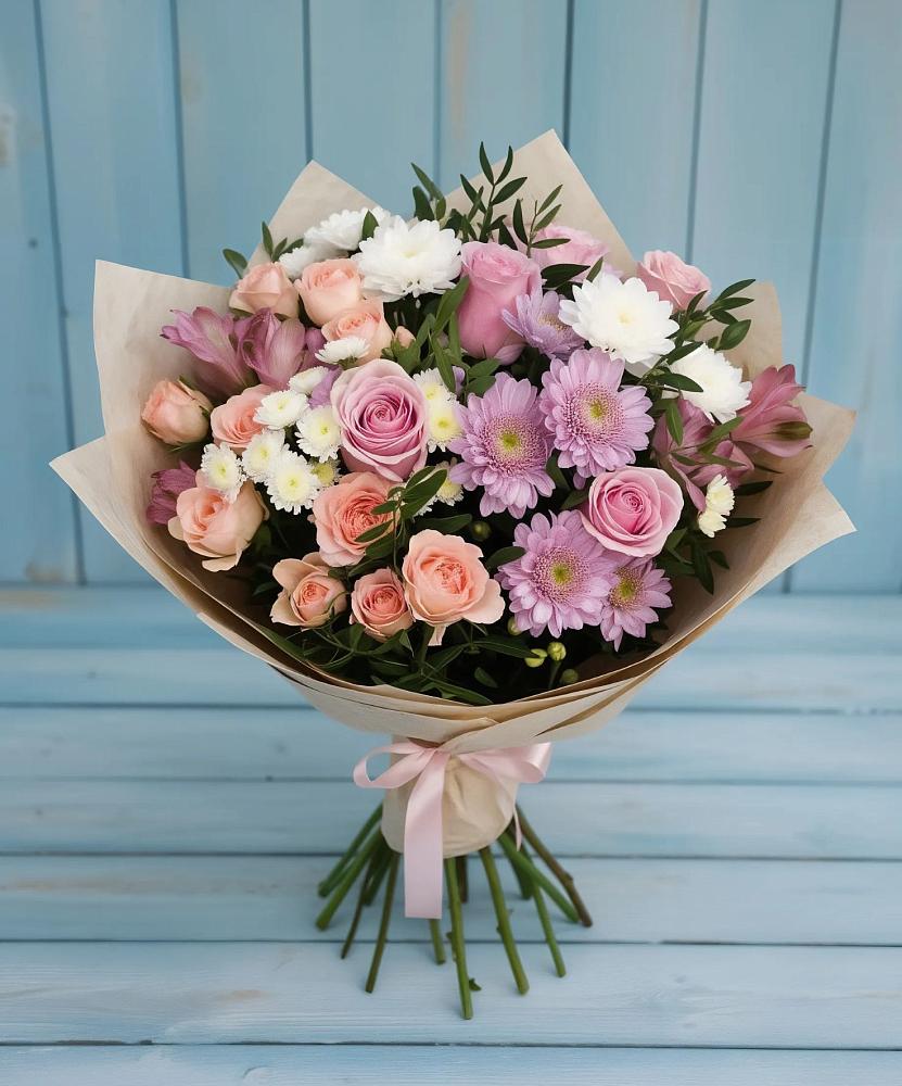 Букет цветов из: Хризантемы, Розы и Альстромерии в Гусевский