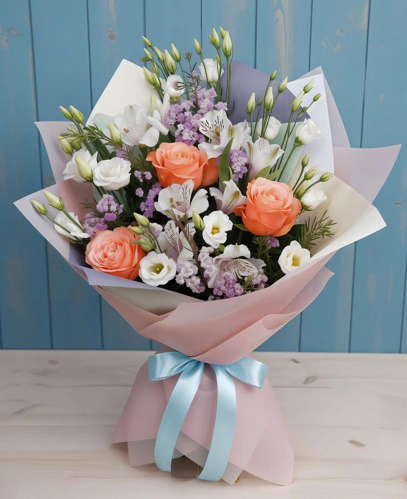 Букет цветов из: Лизиантусы, Розы, Альстромерии и Гипсофила в Гусевский