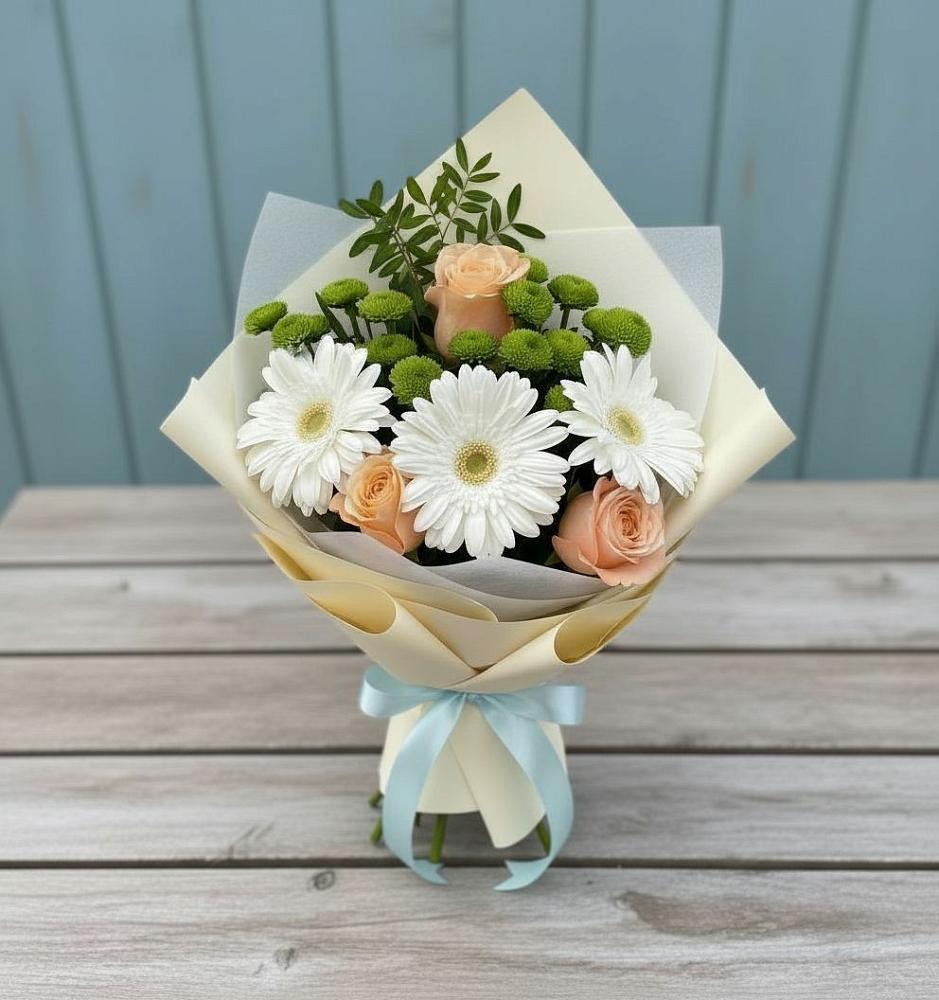 Букет цветов из: Герберы, Розы и Хризантемы в Гусевский