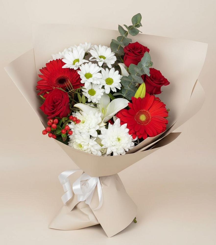 Букет цветов из: Розы, Хризантемы, Герберы и Лилии в Гусевский