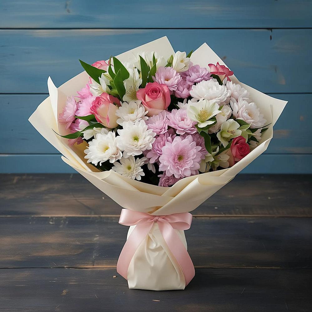 Букет цветов из: Хризантемы, Альстромерии и Розы в Гусевский